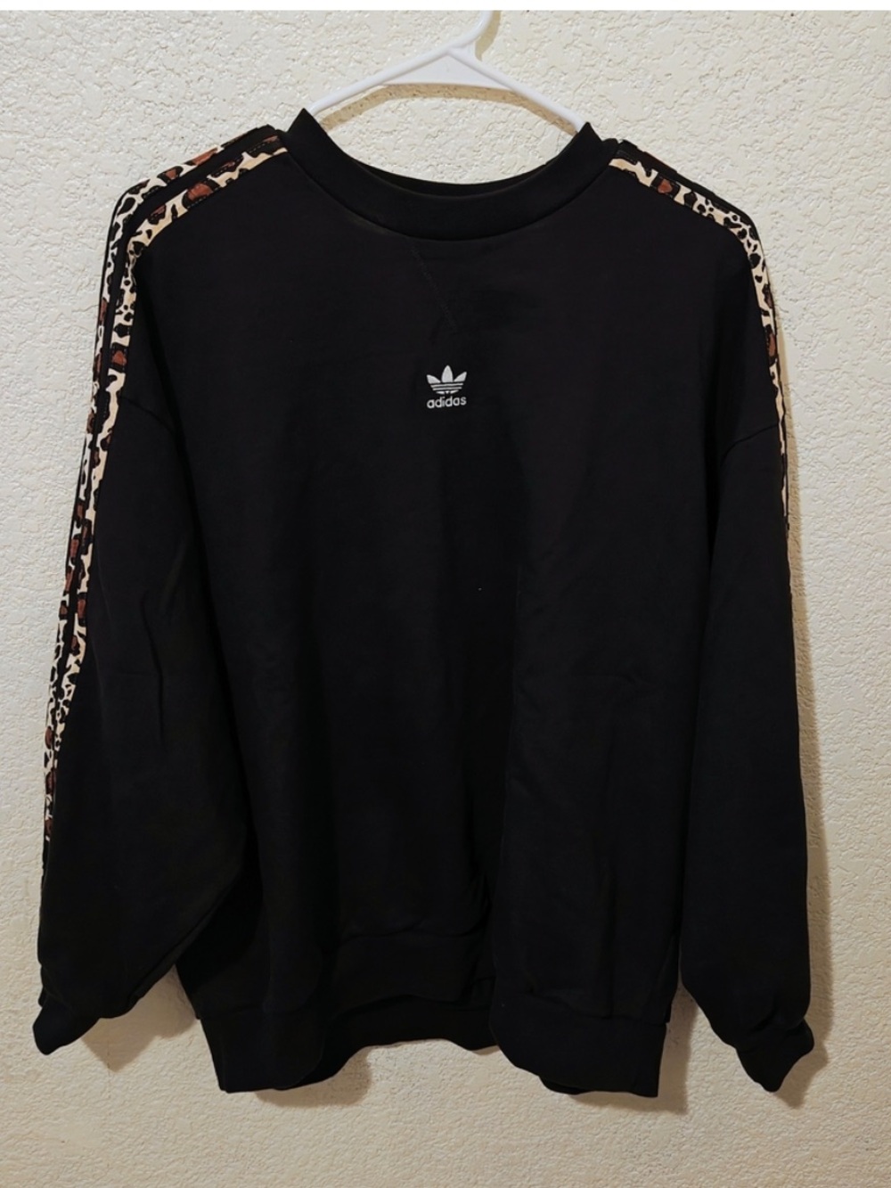 adidas Black Crewneck Sweatshirt with Leopard-Print Shoulder Stripes - Picture 4 of 5